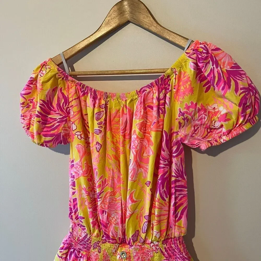 Lilly Pulitzer Jesiba Romper Calla Yellow Floral Coral 100% cotton coastal beach